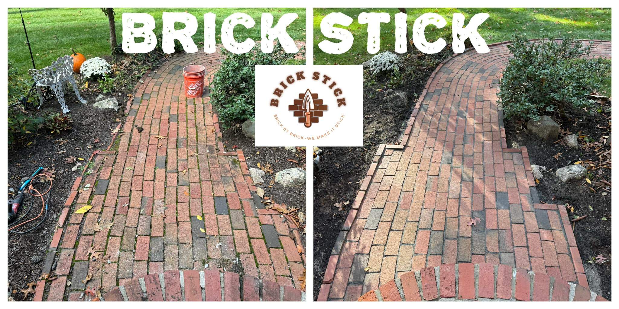 a brick walkway with a red bucket and a brick walkway