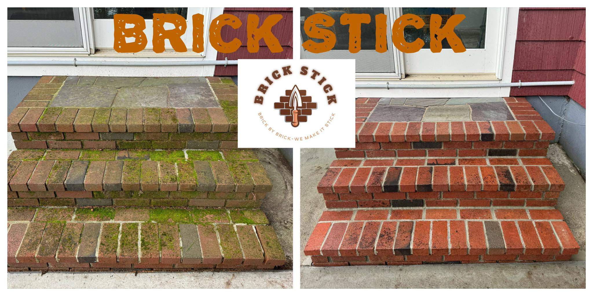 a brick stairs with moss